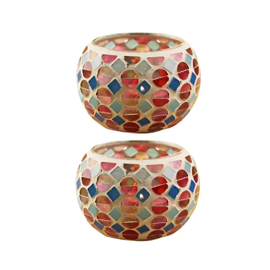 2Pcs Vintage Mosaic Colourful Glass Small Candle Holder Cups Romantic Home Decor - Red