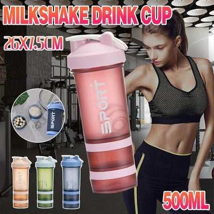 Powder Milkshake Drink Cup Sport Water Bottle 500Ml 3 Tier Protein Shaker Pill - Green