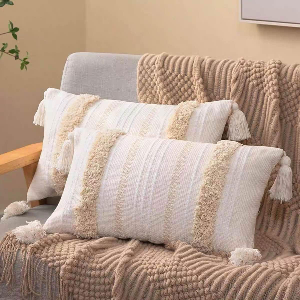 Bohemian Woven Pillow Cushion Waist Support Beige Decorative Sofa Throw Pillow
