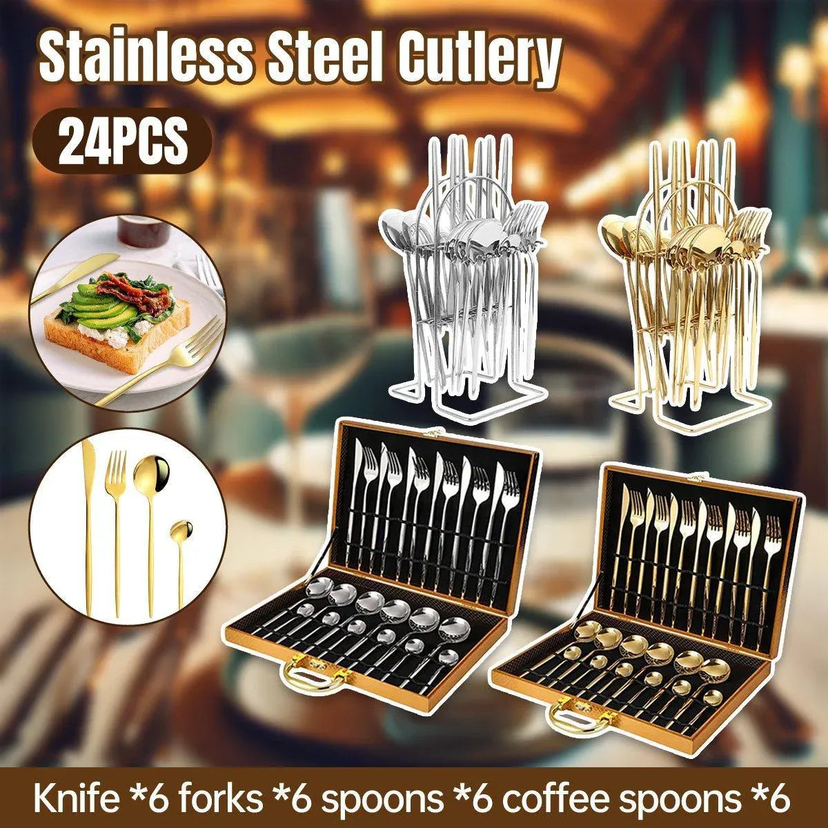 24PCS Stainless Steel Cutlery Set Knife Fork Spoon Set Durable Flatware Dining - Silver shelf set