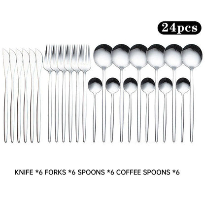 24PCS Stainless Steel Cutlery Set Knife Fork Spoon Set Durable Flatware Dining - Silver shelf set
