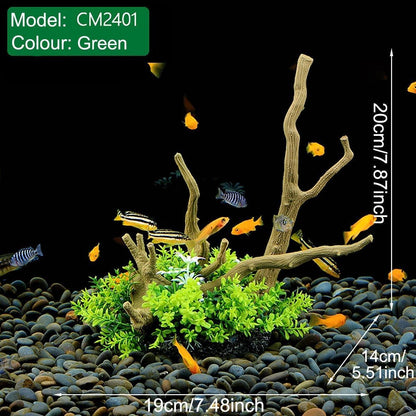 Aquarium Landscaping Decoration Artificial Wood and Plants Fish Tank Ornament - CM2502-Green