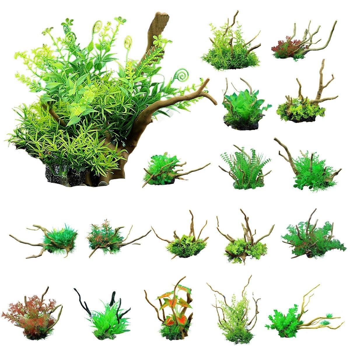 Aquarium Landscaping Decoration Artificial Wood and Plants Fish Tank Ornament - CM2503-Green