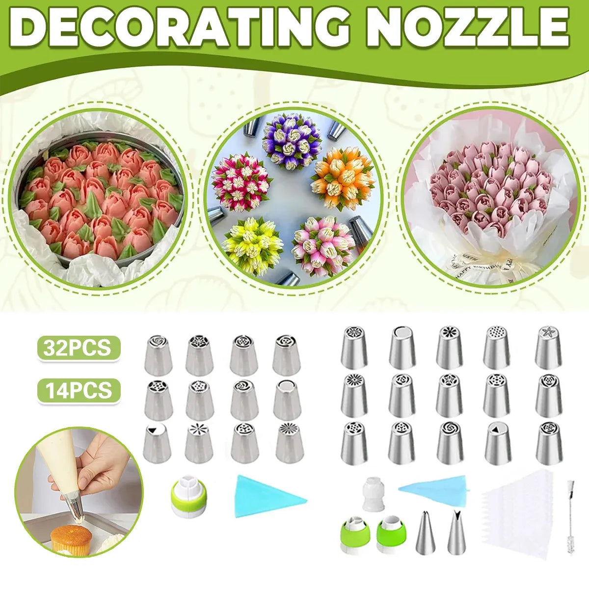 Russian Piping Tips Cake Decorating Set - 14 or 32 PCS Stainless Steel Nozzles - 32PCS