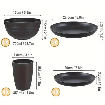 16PCS Eco-Friendly Wheat Straw Portable Tableware Set with Plate Bowl Cup