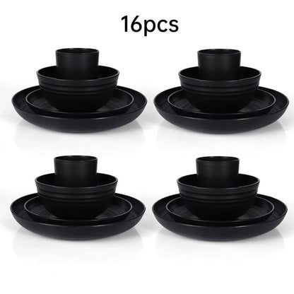 16PCS Eco-Friendly Wheat Straw Portable Tableware Set with Plate Bowl Cup