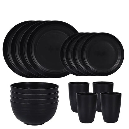 16PCS Eco-Friendly Wheat Straw Portable Tableware Set with Plate Bowl Cup