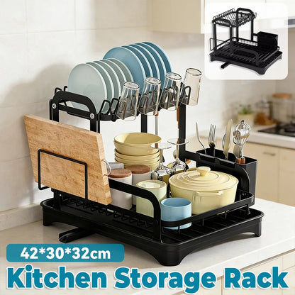 Kitchen Dish Drying Rack 2 Tier Carbon Steel Black 42x30x32cm Telescopic Drain