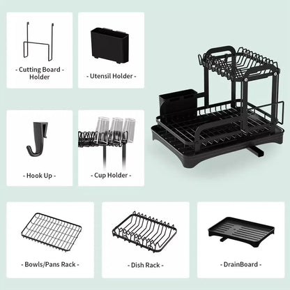 Kitchen Dish Drying Rack 2 Tier Carbon Steel Black 42x30x32cm Telescopic Drain