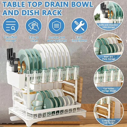 Kitchen Dish Drying Rack 2 Tier Carbon Steel White 42 x 29 x 29cm Tableware