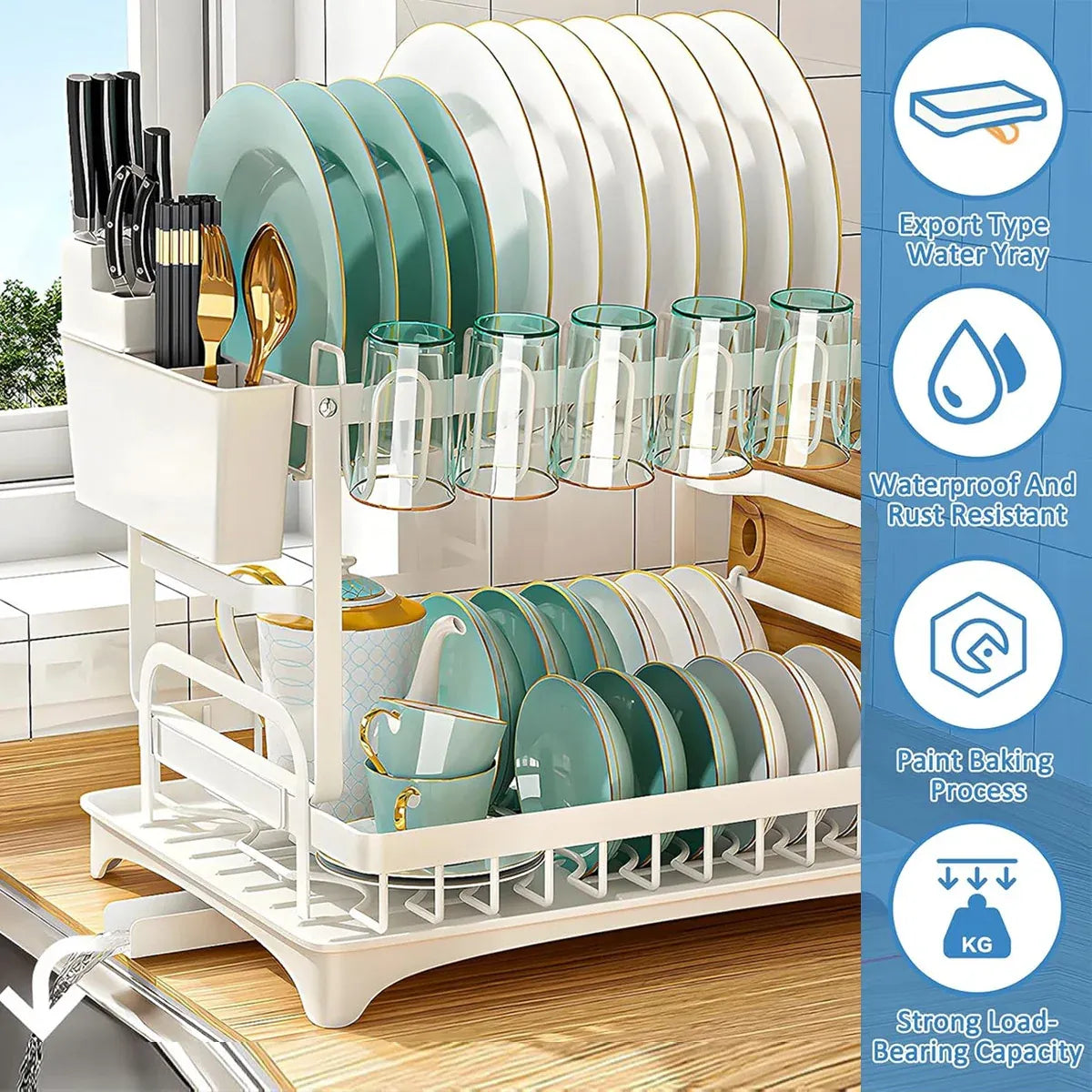 Kitchen Dish Drying Rack 2 Tier Carbon Steel White 42 x 29 x 29cm Tableware
