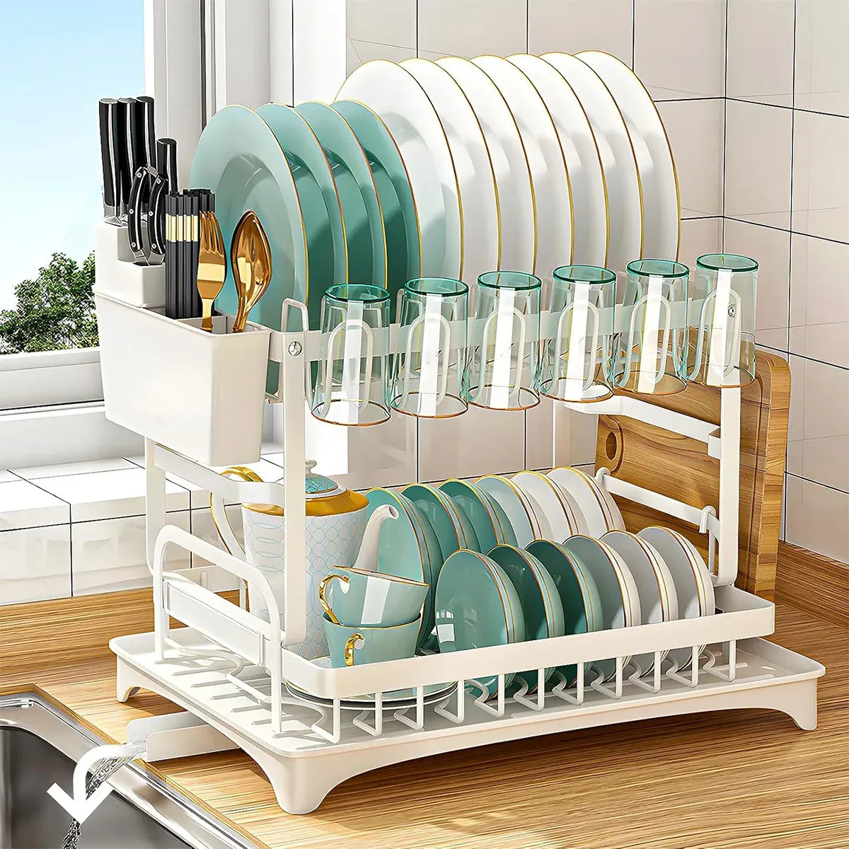 Kitchen Dish Drying Rack 2 Tier Carbon Steel White 42 x 29 x 29cm Tableware
