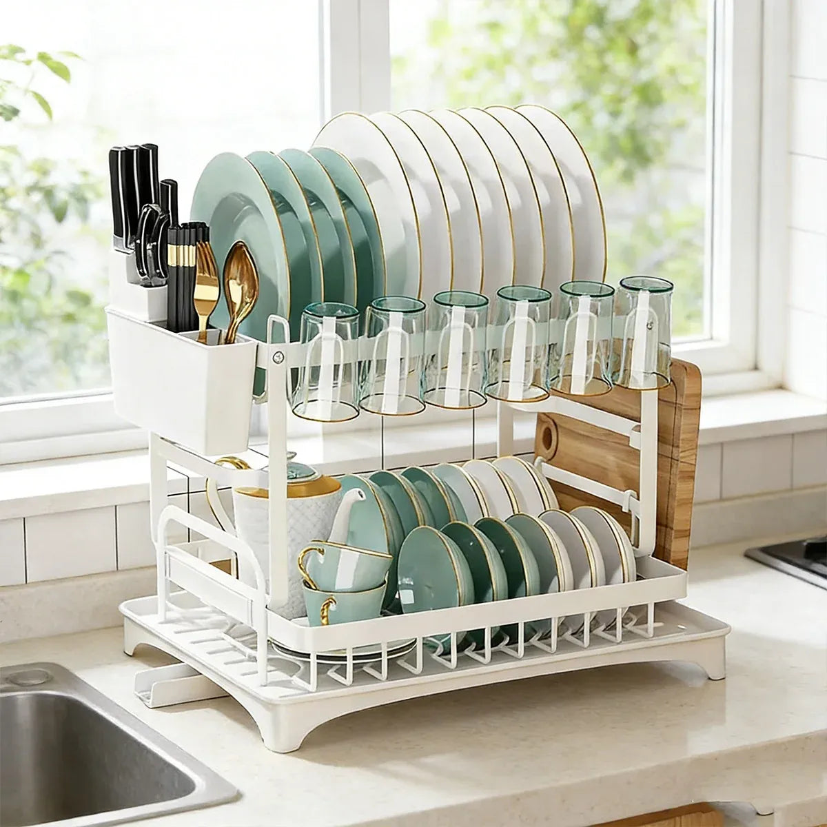 Kitchen Dish Drying Rack 2 Tier Carbon Steel White 42 x 29 x 29cm Tableware