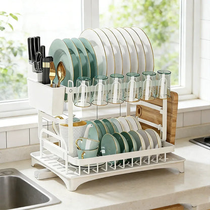 Kitchen Dish Drying Rack 2 Tier Carbon Steel White 42 x 29 x 29cm Tableware