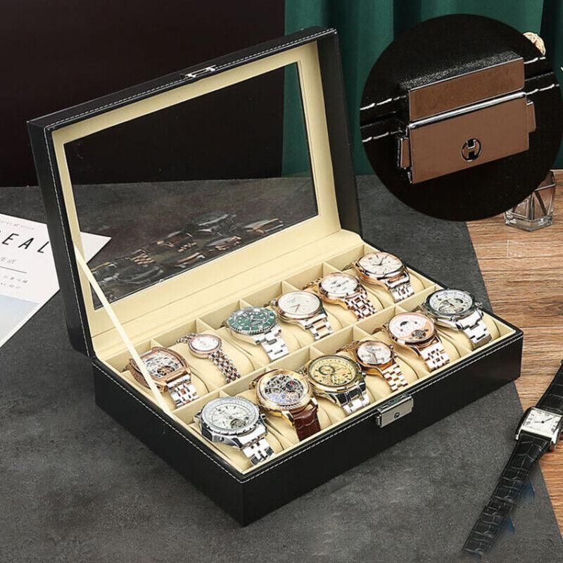 12Grids Leather Watch Jewelry Display Storage Holder Case Box