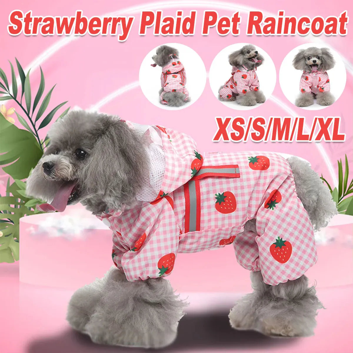 Strawberry Checkered Cat Raincoat Outdoor Rainy Days Dog Raincoat Fashionable - XL