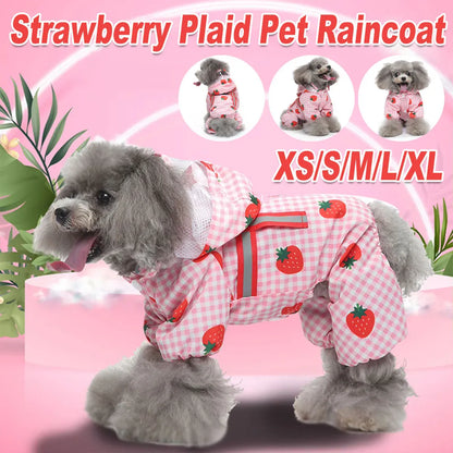 Strawberry Checkered Cat Raincoat Outdoor Rainy Days Dog Raincoat Fashionable - XL
