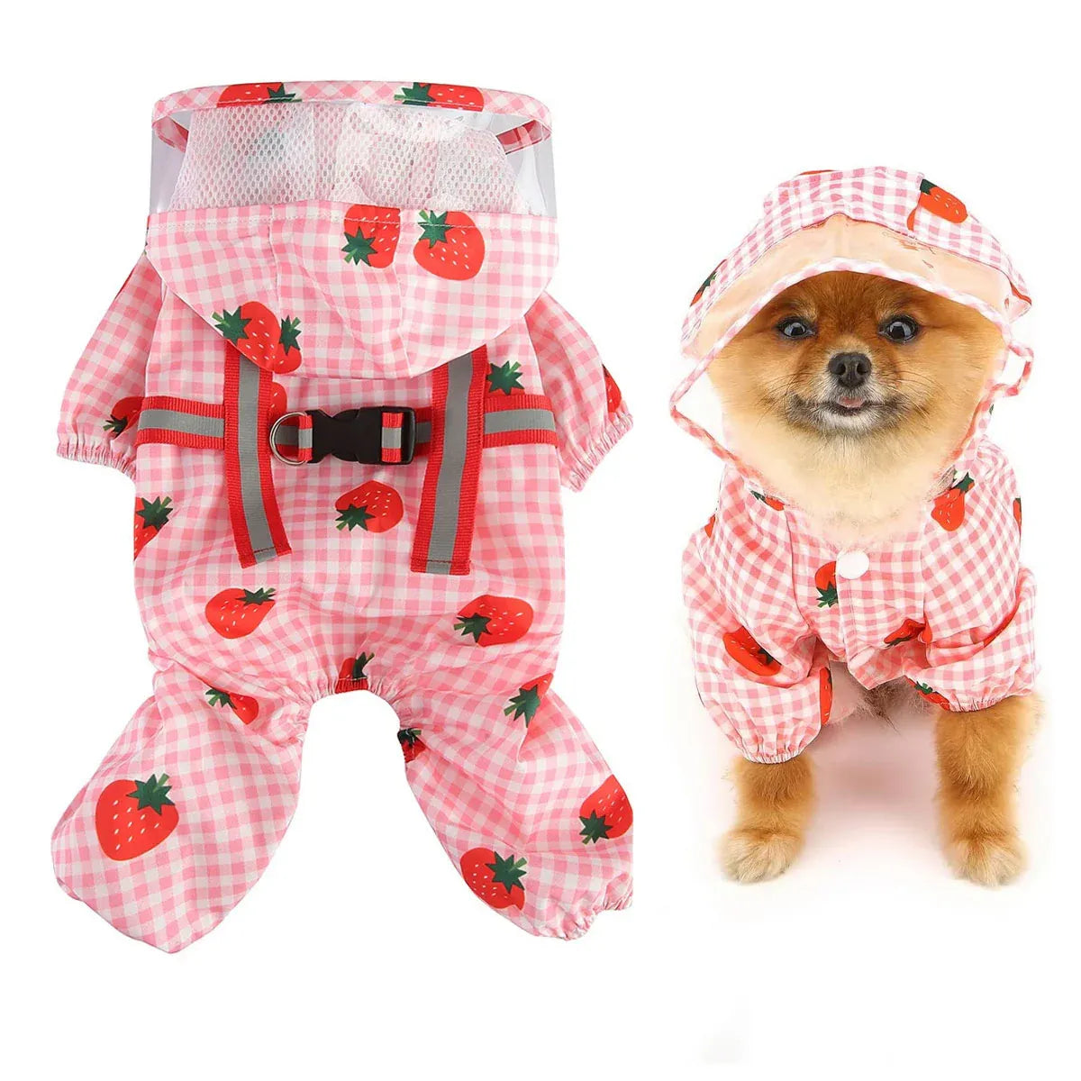 Strawberry Checkered Cat Raincoat Outdoor Rainy Days Dog Raincoat Fashionable - XS