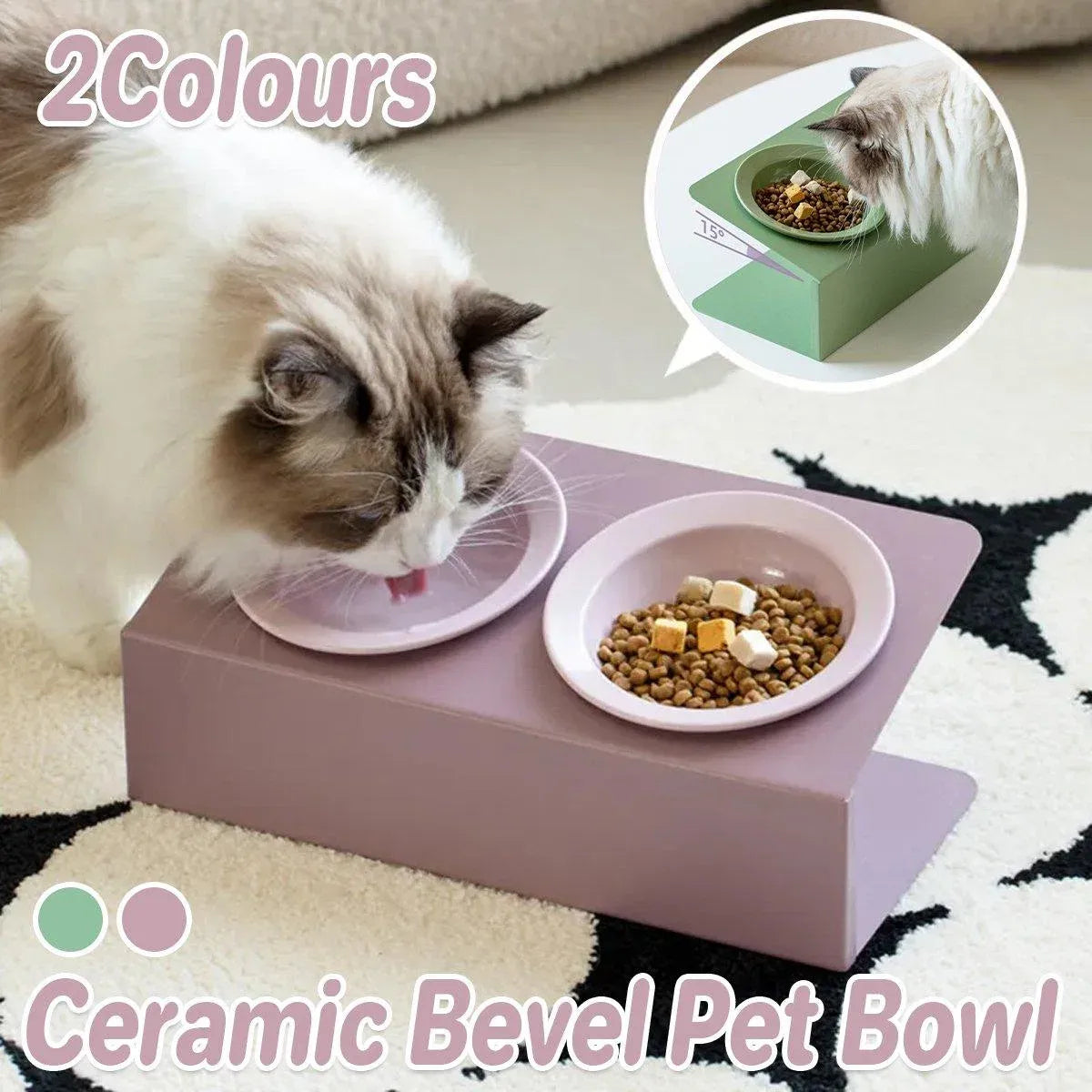 Ceramic Slanted Double Pet Bowl Cat Dog Food Water Bowl Non-Slip Feeding Dish - Purple