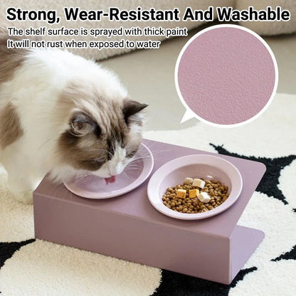 Ceramic Slanted Double Pet Bowl Cat Dog Food Water Bowl Non-Slip Feeding Dish - Purple