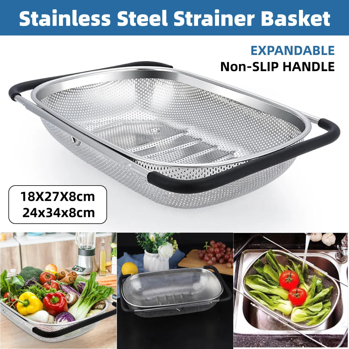 Stainless Steel Sink Basket Vegetable Washer Drain Rack Kitchen Storage Holder - 18x27x8cm