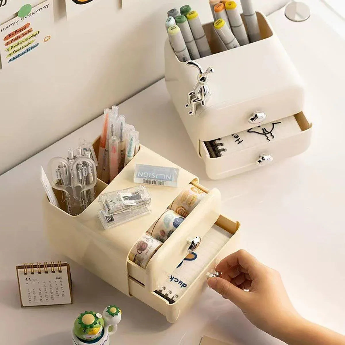 Multifunctional Desktop Organizer Storage Drawer Box for Office and Study Desks - Beige