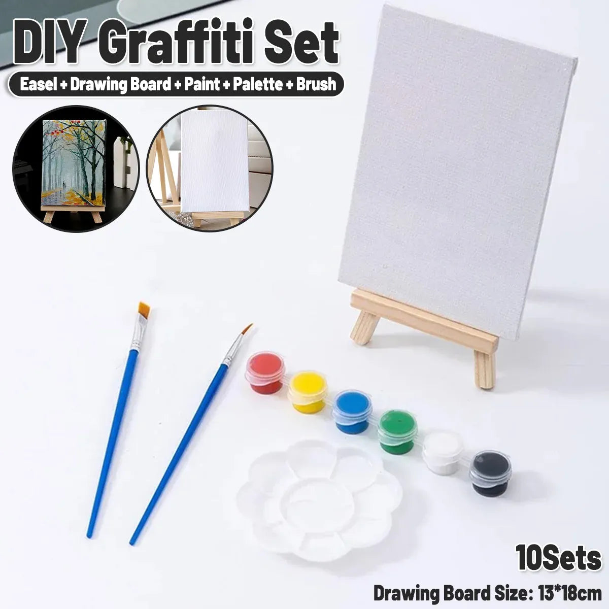 Mini Painting Easel Set DIY Art Kit with Small Canvas Frame Brush and Drawing Board