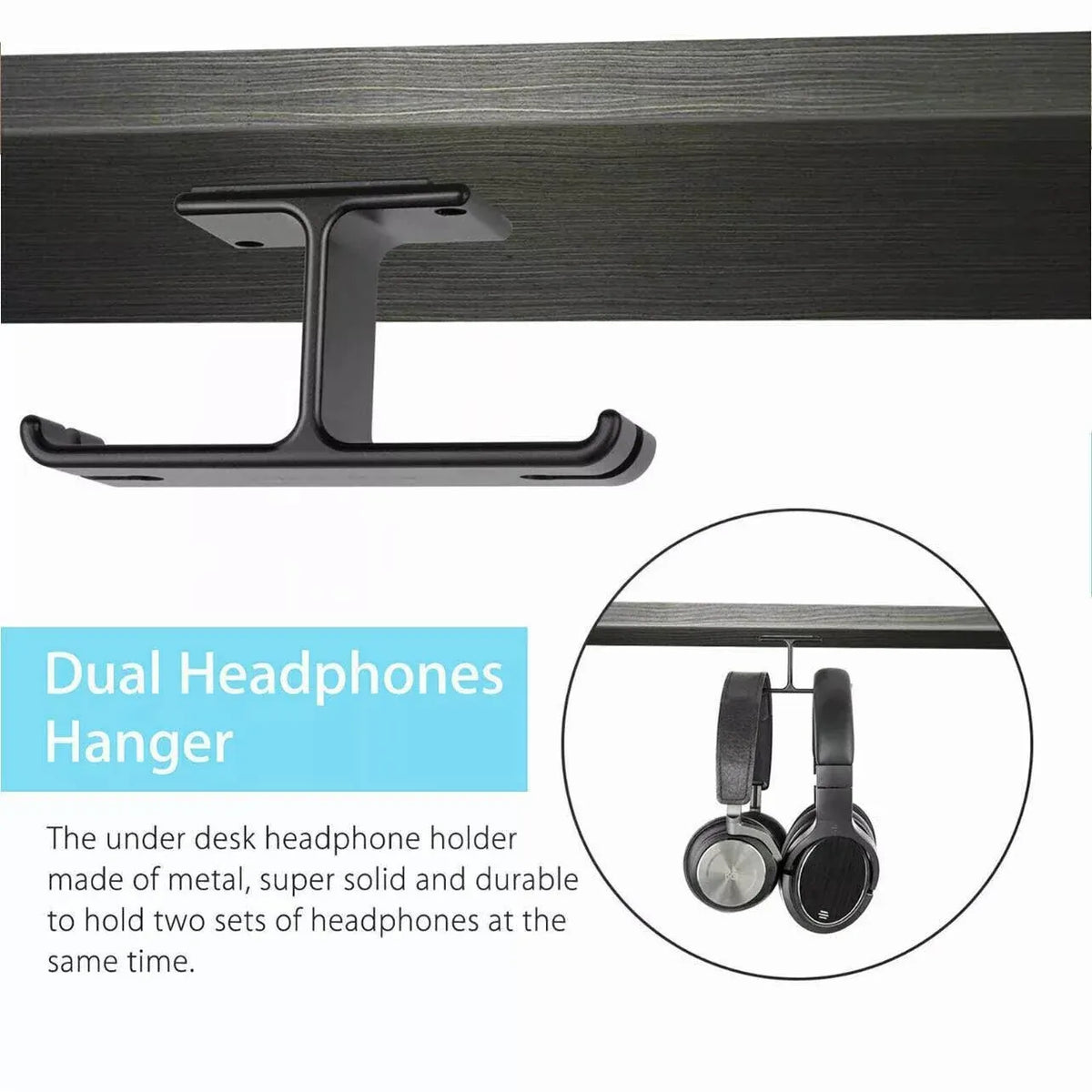 Universal Dj Headphone Pc Hanger Hook Tape Under Desk Dual Headset Mount Holder - Black