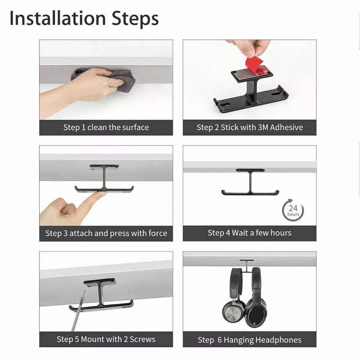 Universal Dj Headphone Pc Hanger Hook Tape Under Desk Dual Headset Mount Holder - Black