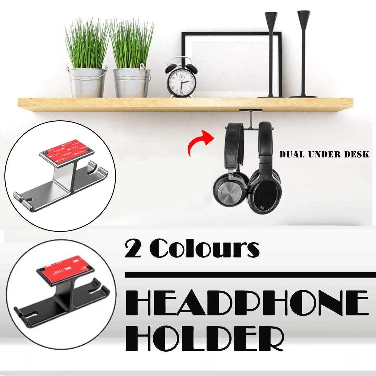 Universal Dj Headphone Pc Hanger Hook Tape Under Desk Dual Headset Mount Holder - Silver