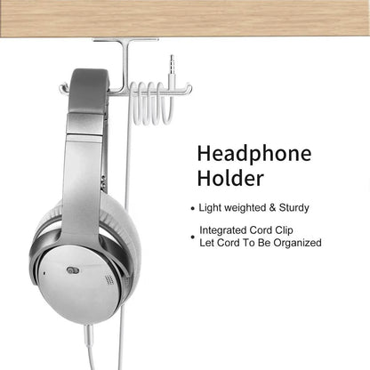 Universal Dj Headphone Pc Hanger Hook Tape Under Desk Dual Headset Mount Holder - Silver