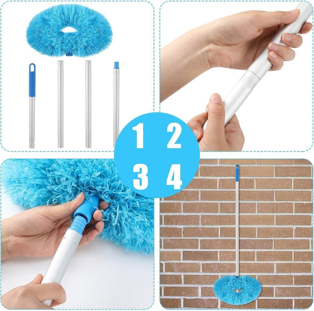 Extendable and Assembled Ceiling Duster Round Brush Dust Sweeper Cleaning Tool - Blue