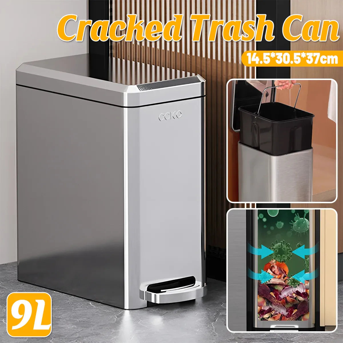 Kitchen Trash Can 9L Household Pedal Bin with Lid Large Capacity Waste Bucket - Stainless Steel