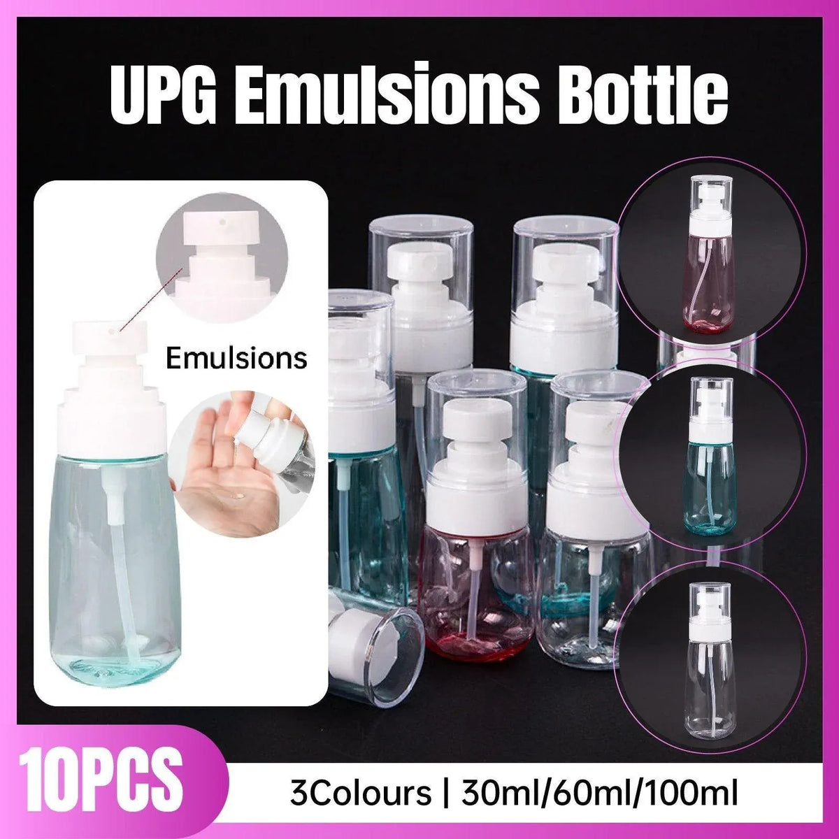 10pcs Portable Travel Emulsion Dispenser Bottle Press Pump Refillable Containers - Pink-100ml