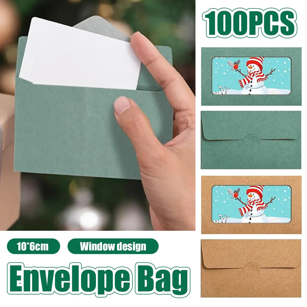 100PCS Small Kraft Paper Envelopes With Clear Window Self Seal Card Mailers - Green
