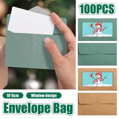 100PCS Small Kraft Paper Envelopes With Clear Window Self Seal Card Mailers - Green