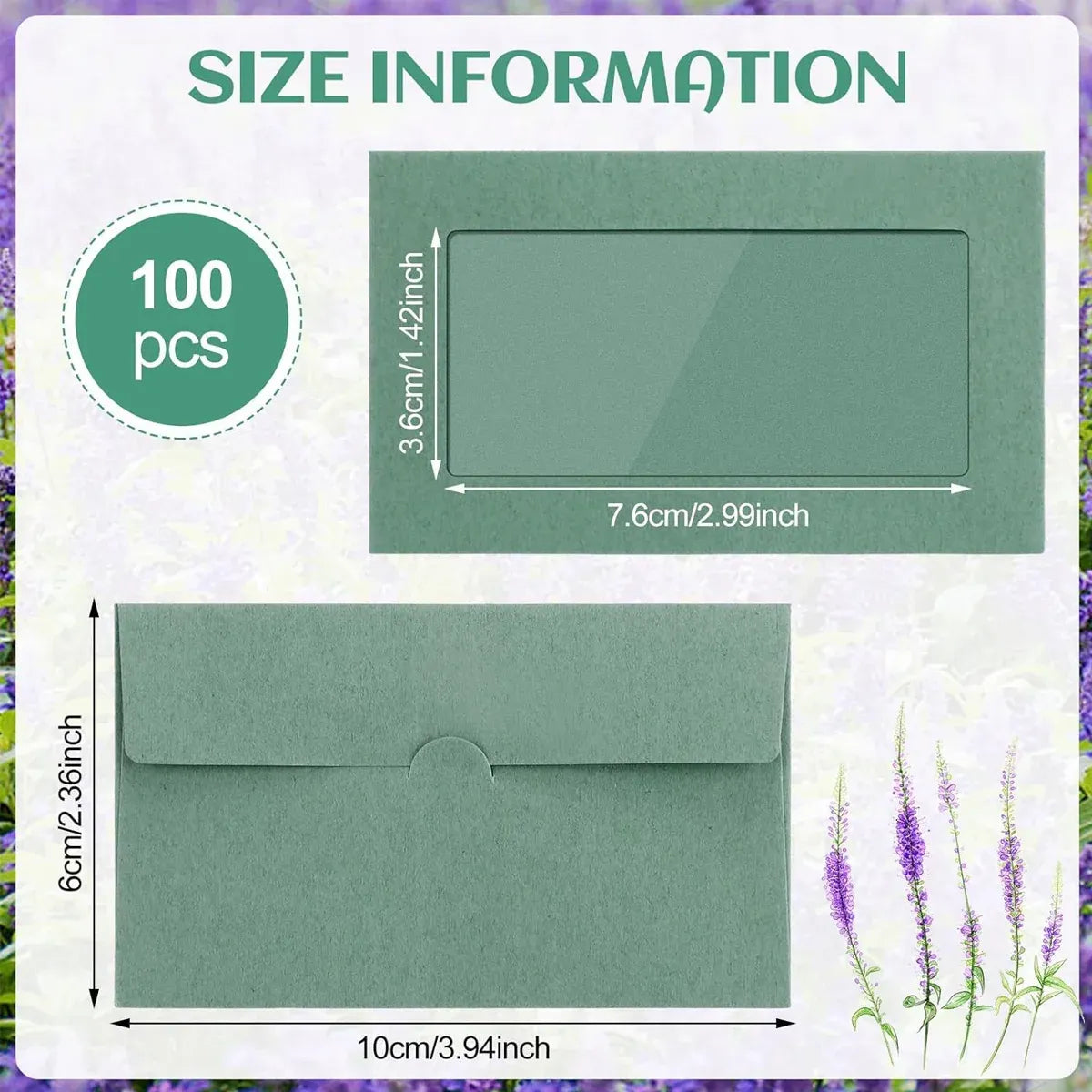 100PCS Small Kraft Paper Envelopes With Clear Window Self Seal Card Mailers - Green
