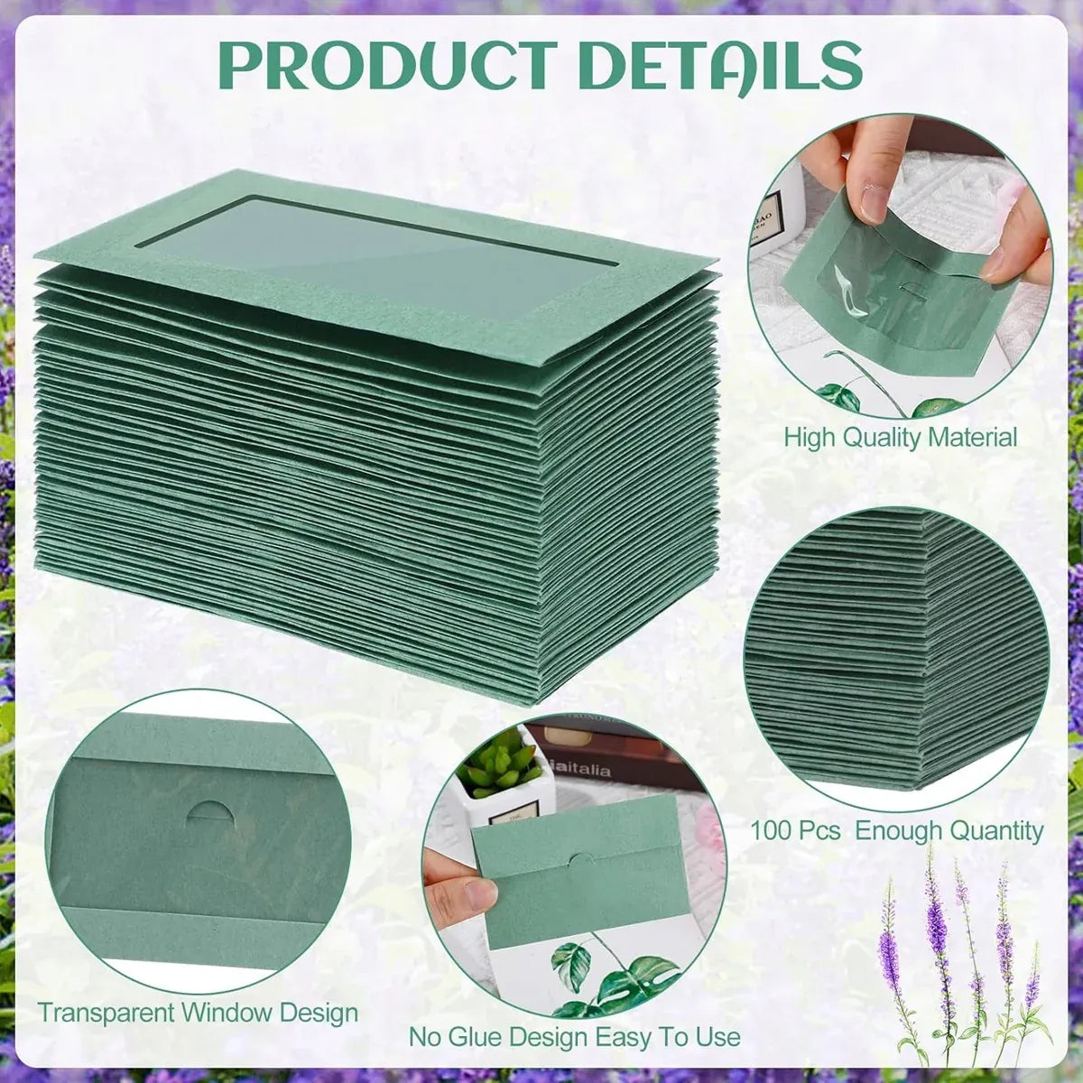 100PCS Small Kraft Paper Envelopes With Clear Window Self Seal Card Mailers - Green