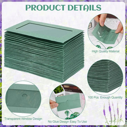 100PCS Small Kraft Paper Envelopes With Clear Window Self Seal Card Mailers - Green