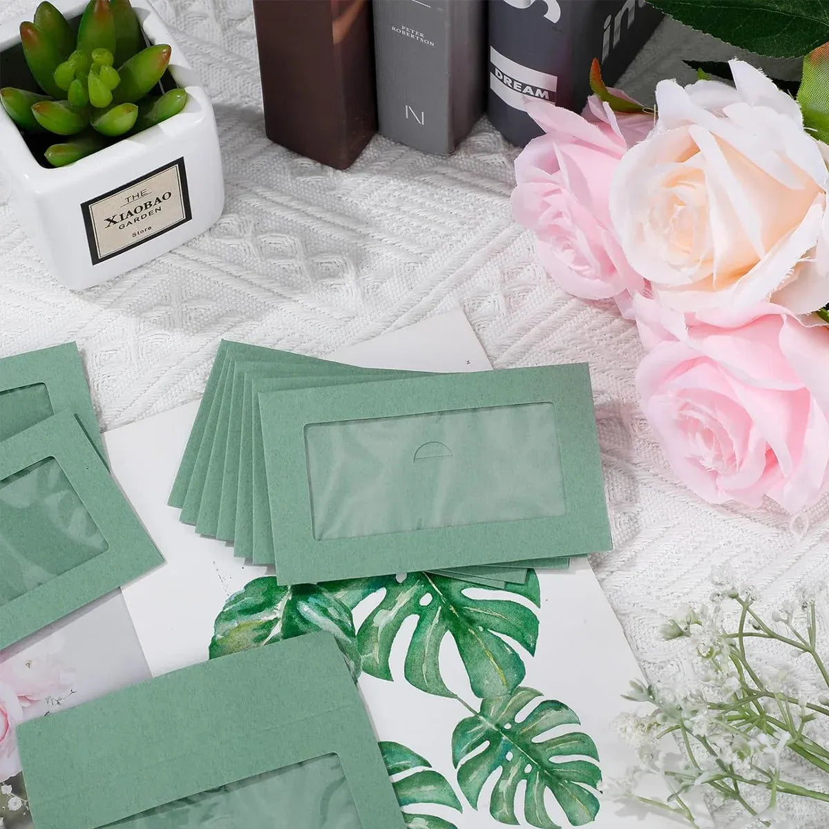 100PCS Small Kraft Paper Envelopes With Clear Window Self Seal Card Mailers - Green