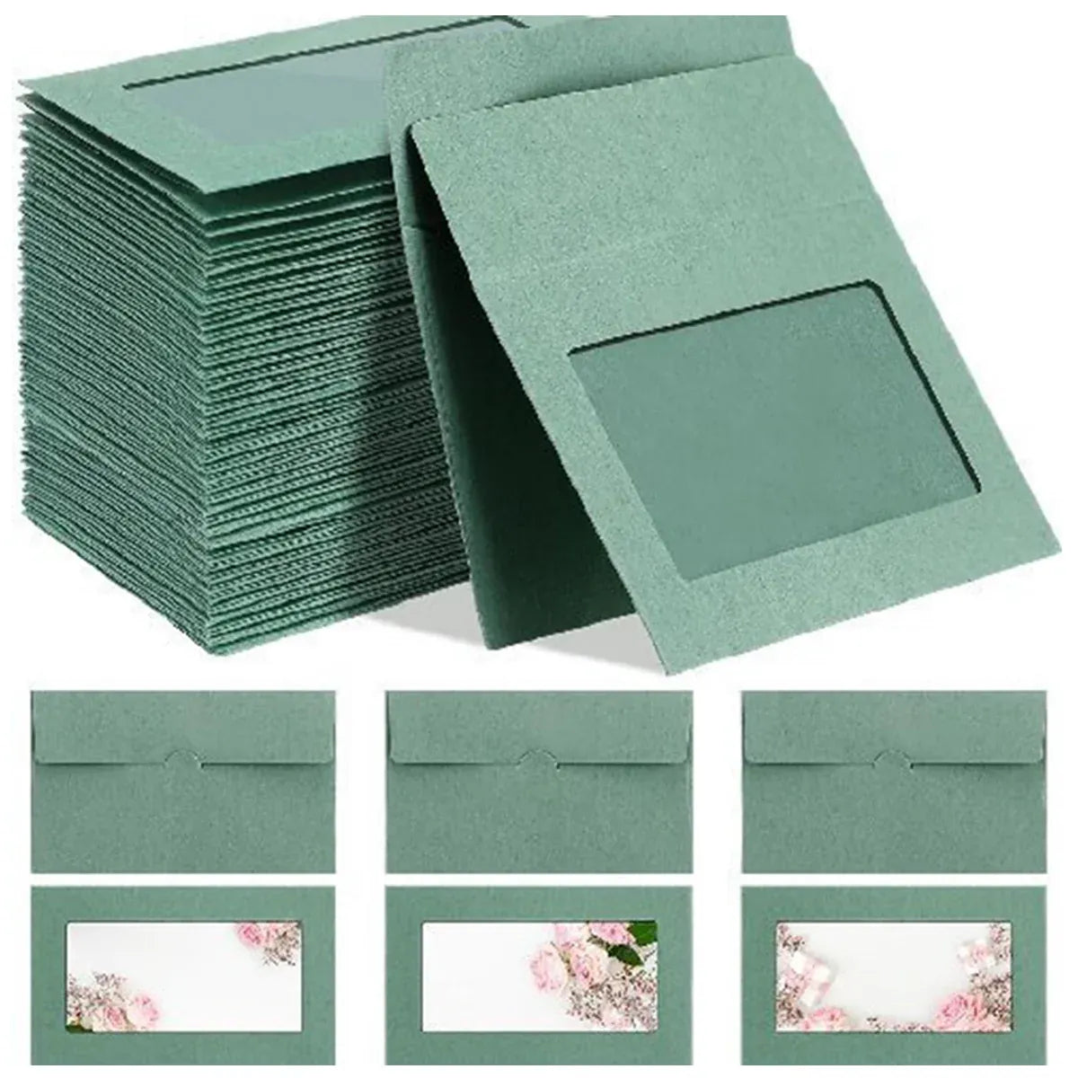 100PCS Small Kraft Paper Envelopes With Clear Window Self Seal Card Mailers - Green