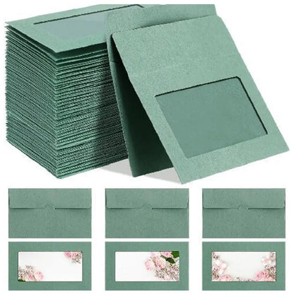 100PCS Small Kraft Paper Envelopes With Clear Window Self Seal Card Mailers - Green