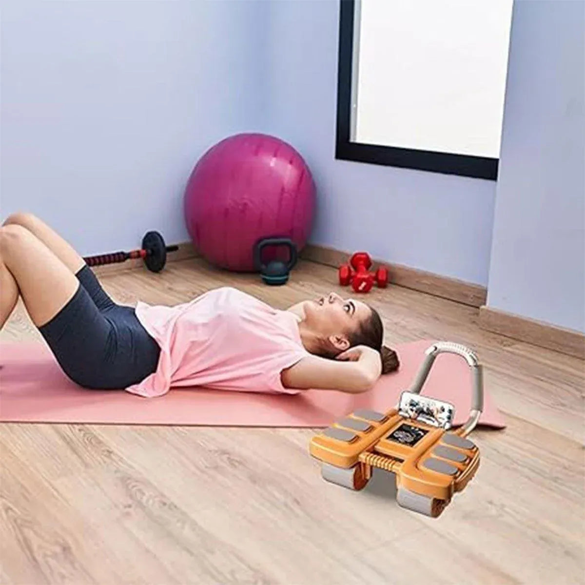 Four Wheel Abdominal Exercise Roller Elbow Support for Core Strength Training - Black