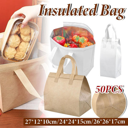 50pcs Thermal Insulation Packing Bag Non Woven Milk Tea Cake Food Storage Bag - Kraft-27x12x10cm