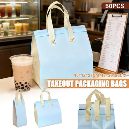 50PCS Blue Takeaway Packaging Bags with Handles and Self-Adhesive Seal - L