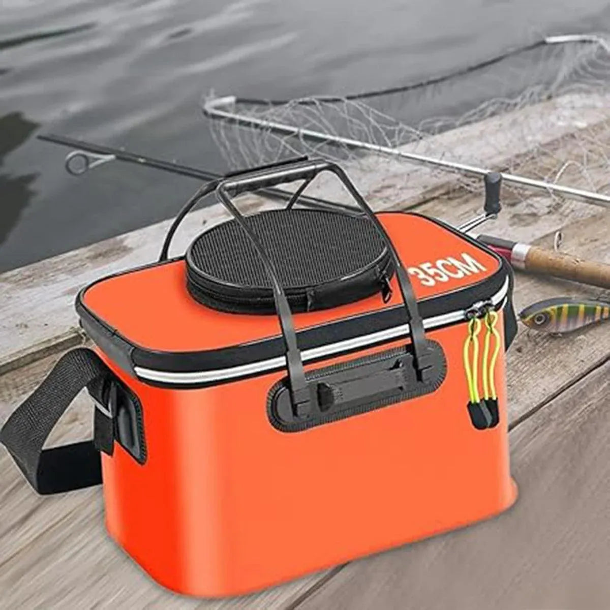 Portable Folding EVA Fishing Bucket Multi Use Live Fish Container with Strap - Black-35cm