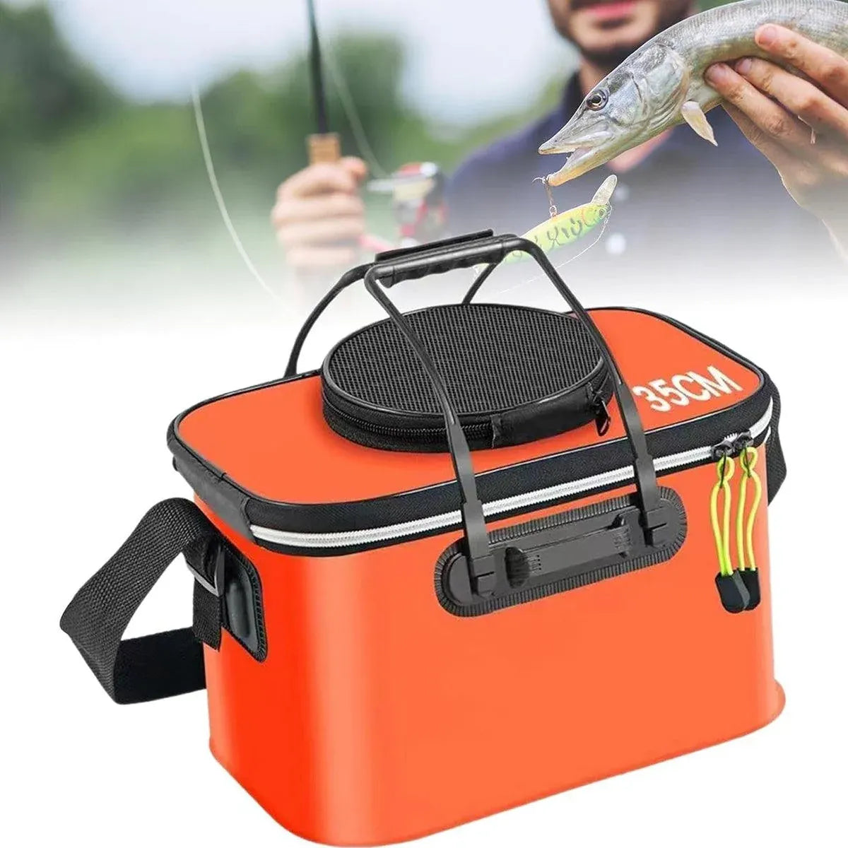 Portable Folding EVA Fishing Bucket Multi Use Live Fish Container with Strap - Orange-45cm