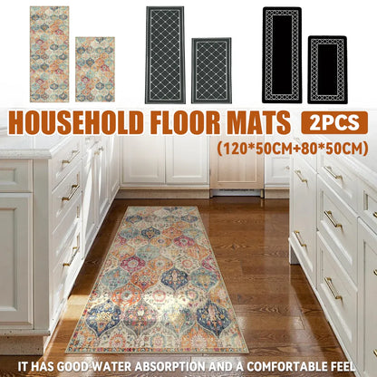 Household Floor Mats 2 Piece Set Non Slip Water Absorbent Dust-Proof Floor Mat - Checkered stripes