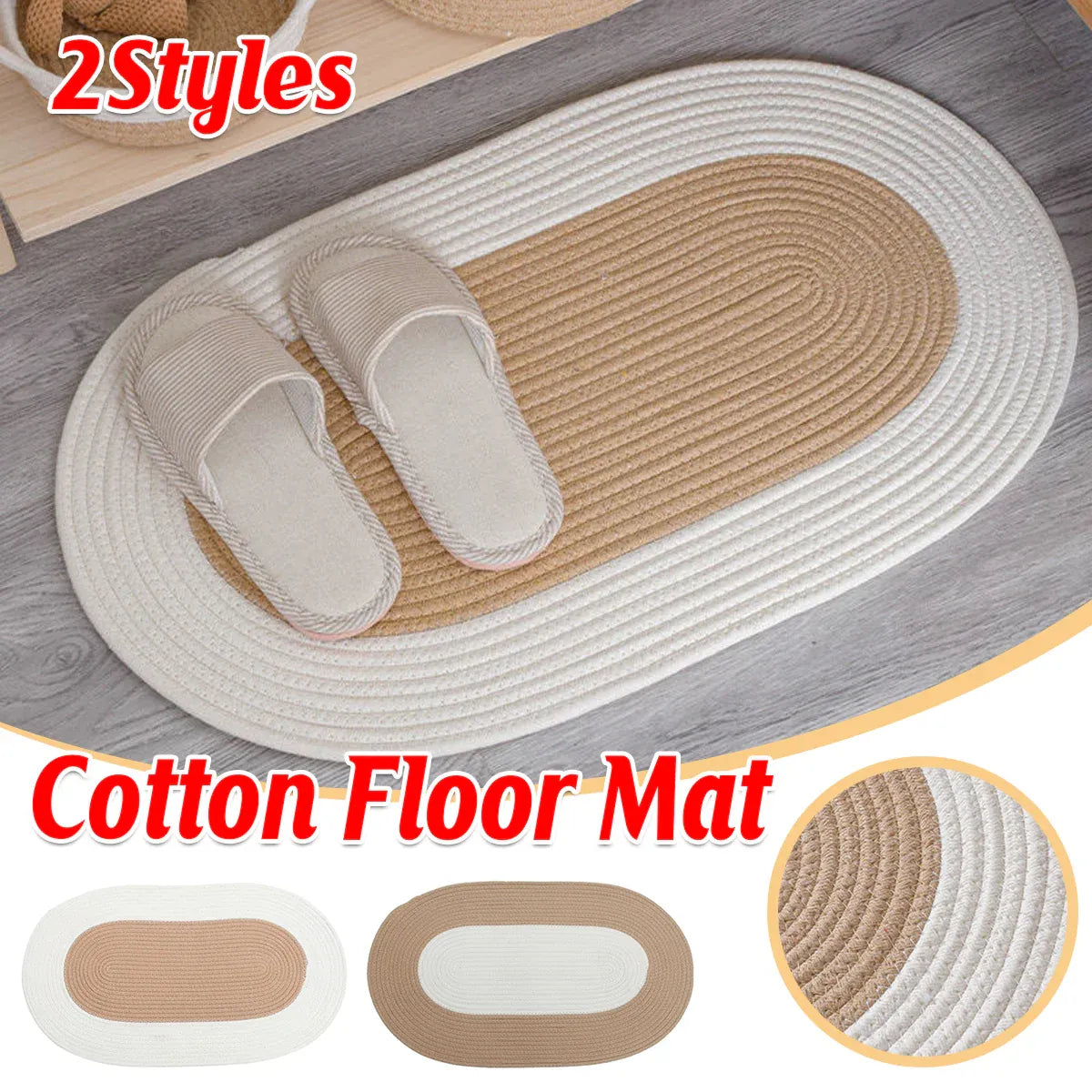 Cotton Floor Mat Oval Non Slip Carpet Household Soft Washable Rug for Bedroom - Khaki