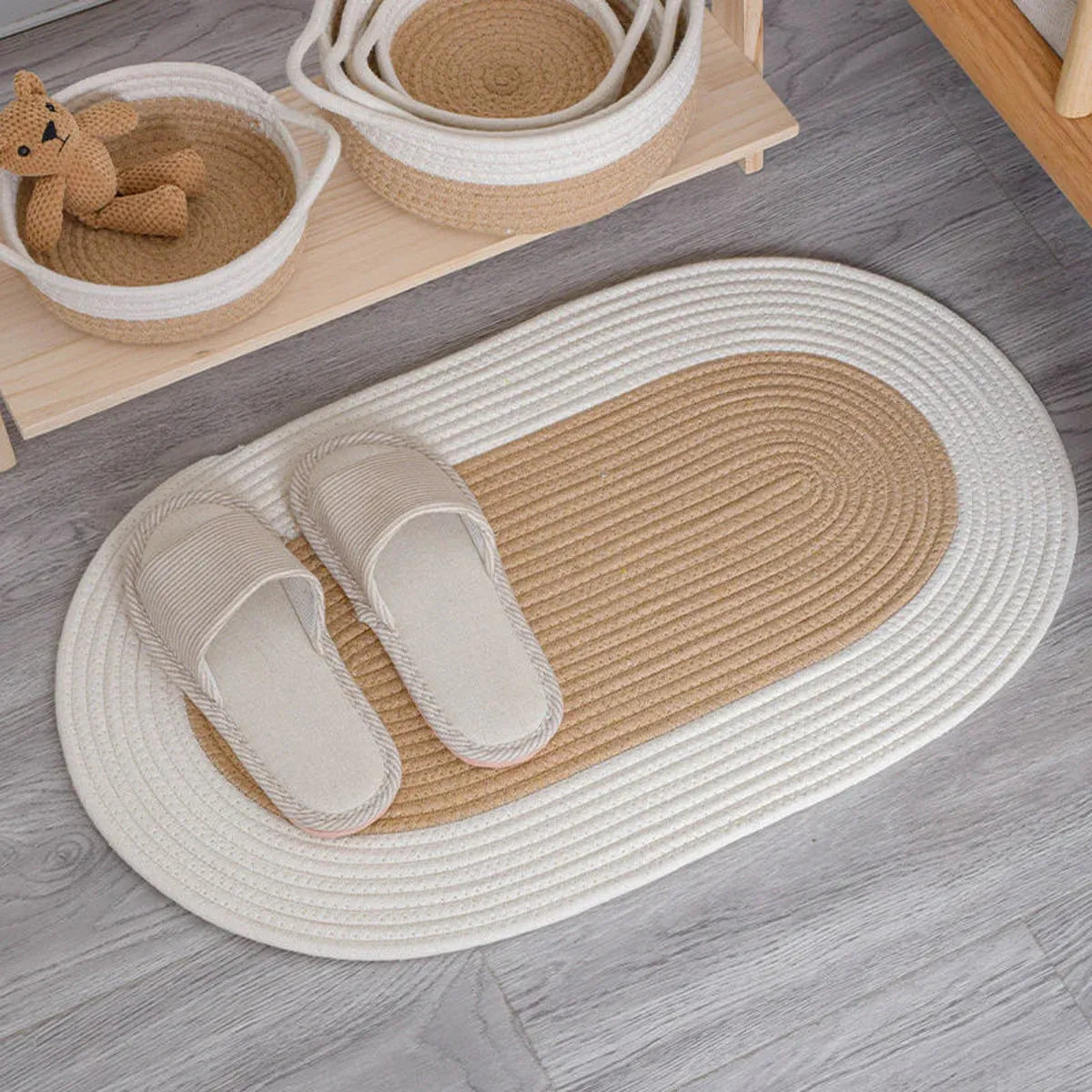 Cotton Floor Mat Oval Non Slip Carpet Household Soft Washable Rug for Bedroom - Khaki